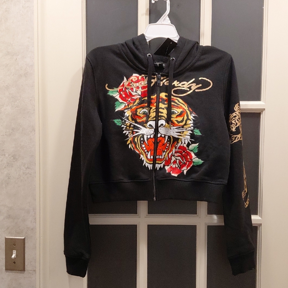 "Ed Hardy"Juniors or Small Adult,Sz.L, Black Hoodie with Tiger and Rose Design